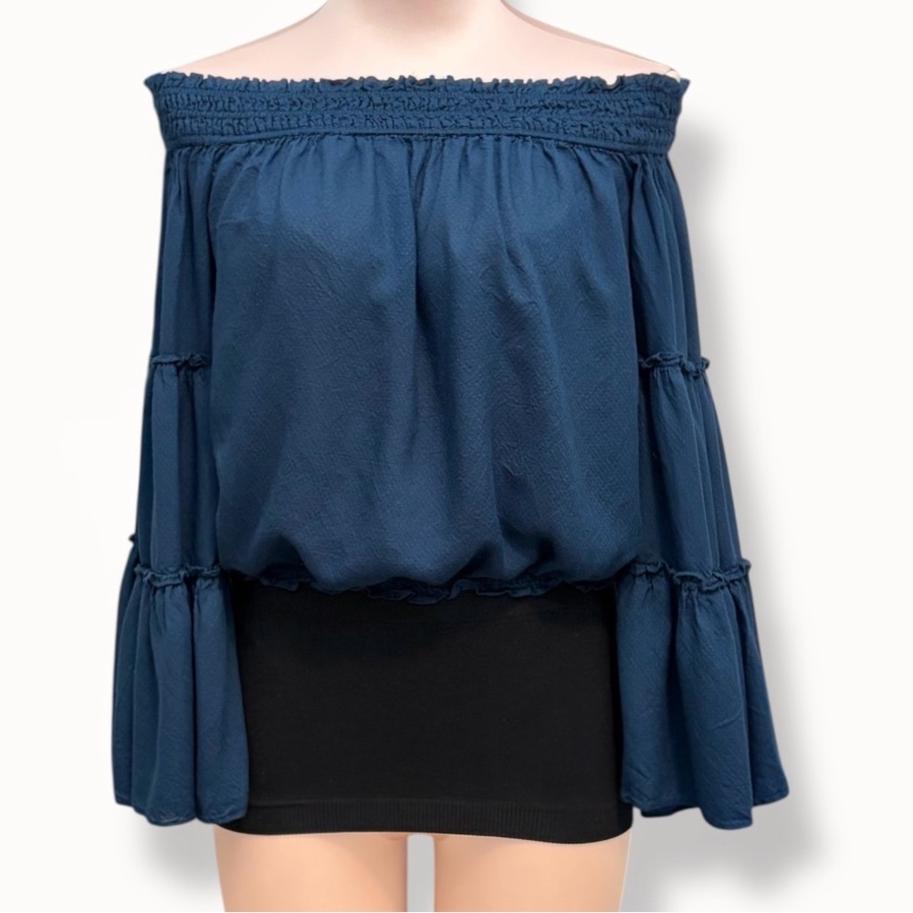 Free People Navy Off Shoulder Peasant Blouse Size XS